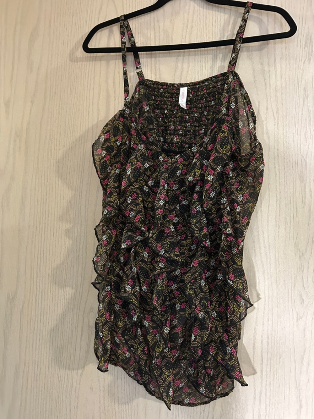 Xhilaration Black Floral Ruffle Camisole with Pink & Gold Details